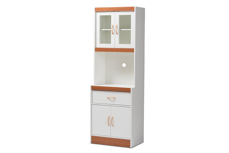 Bernard Modern and Contemporary White and Cherry Finished Kitchen Cabinet and Hutch