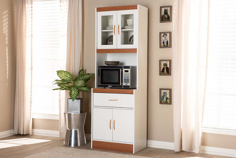 Bernard Modern and Contemporary White and Cherry Finished Kitchen Cabinet and Hutch