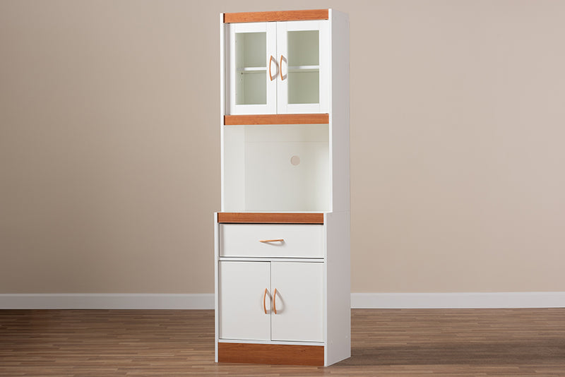 Bernard Modern and Contemporary White and Cherry Finished Kitchen Cabinet and Hutch