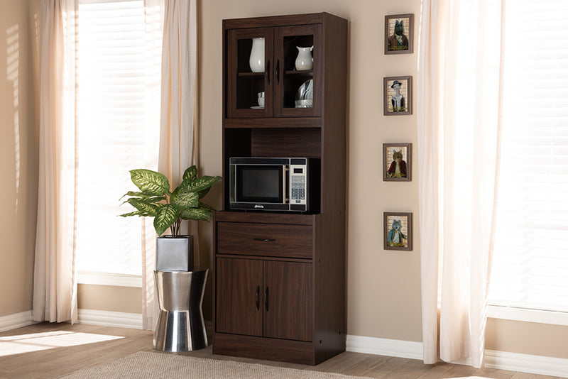 Bernard Modern and Contemporary Dark Walnut Finished Kitchen Cabinet and Hutch