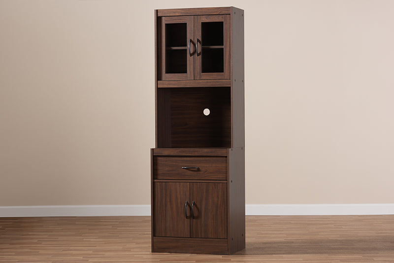 Bernard Modern and Contemporary Dark Walnut Finished Kitchen Cabinet and Hutch