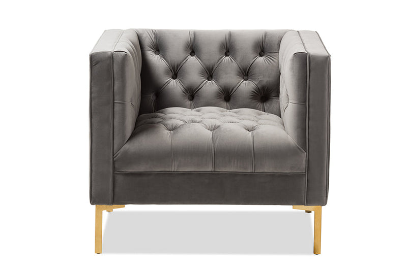 Apollonia Luxe and Glamour Gray Velvet Upholstered Gold Finished Lounge Chair Baxton