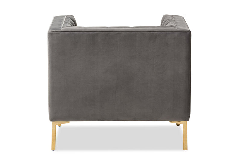 Apollonia Luxe and Glamour Gray Velvet Upholstered Gold Finished Lounge Chair Baxton
