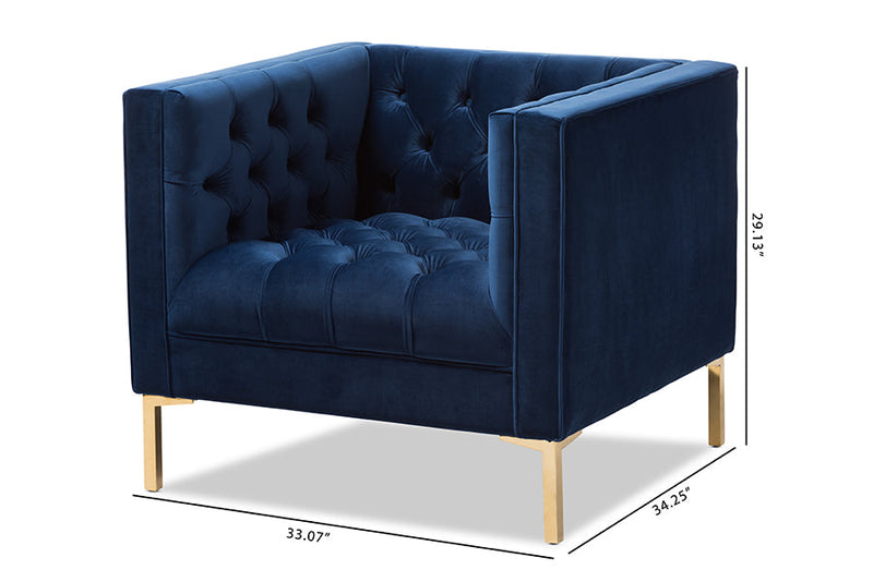 Apollonia Luxe and Glamour Navy Velvet Upholstered Gold Finished Lounge Chair Baxton