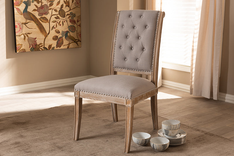 Blaise French Provincial Beige Fabric Upholstered Weathered Oak Finished Wood Dining Chair