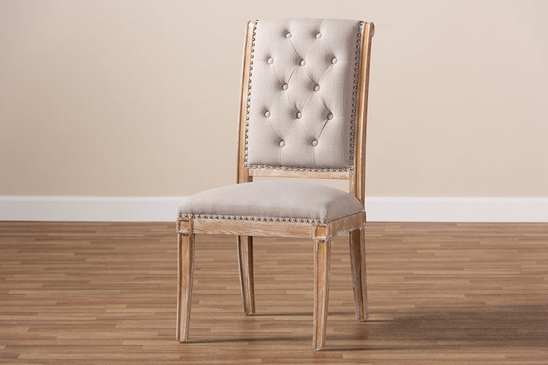 Blaise Beige Fabric Upholstered Weathered Oak Dining Chair Baxton