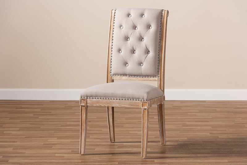 Blaise French Provincial Beige Fabric Upholstered Weathered Oak Finished Wood Dining Chair