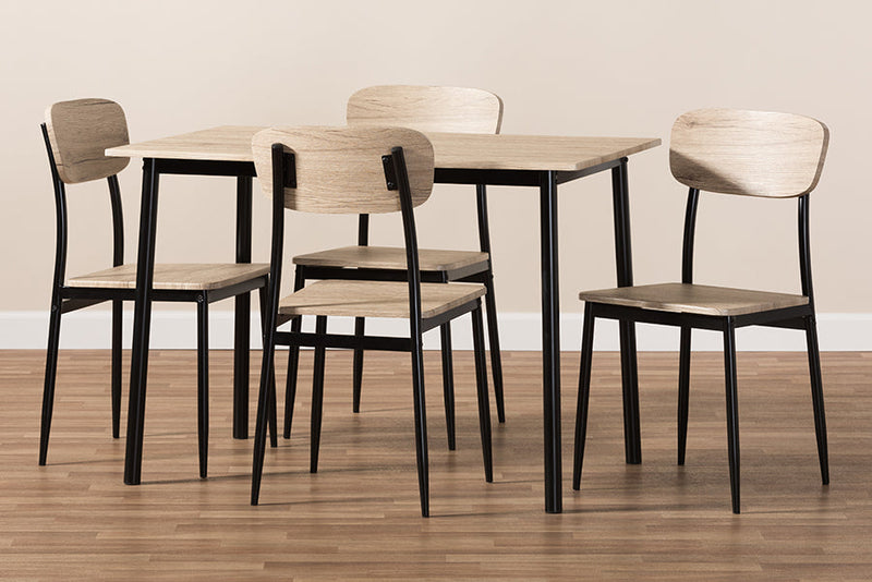 Cyrille Light Brown Wood Finished Matte Black Frame 5-Piece Dining Set Baxton