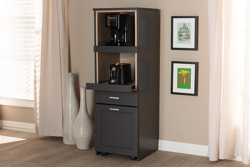 Rosa Modern and Contemporary Dark Gray and Oak Brown Finished Kitchen Cabinet w/Roll-Out Compartment