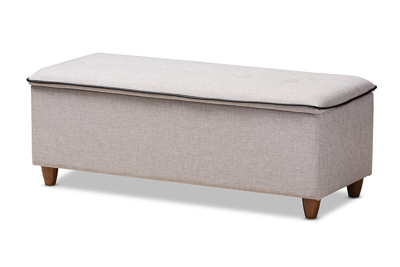 Lisbon Walnut Finished Wood/Greyish Beige Fabric Button Tufted Storage Ottoman Baxton