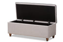 Lisbon Walnut Finished Wood/Greyish Beige Fabric Button Tufted Storage Ottoman Baxton
