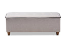 Lisbon Walnut Finished Wood/Greyish Beige Fabric Button Tufted Storage Ottoman Baxton