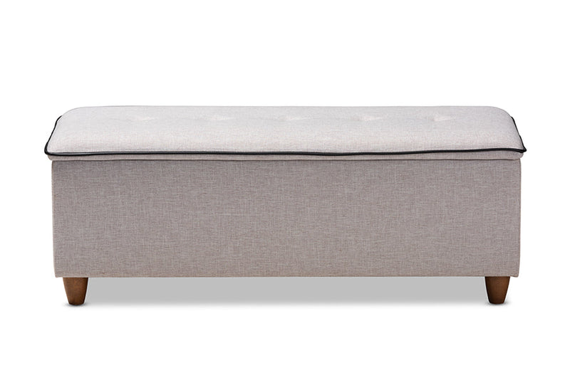 Lisbon Walnut Finished Wood/Greyish Beige Fabric Button Tufted Storage Ottoman Baxton