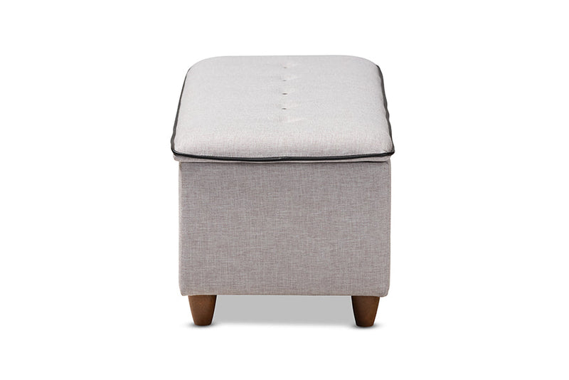 Lisbon Walnut Finished Wood/Greyish Beige Fabric Button Tufted Storage Ottoman Baxton