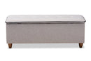 Lisbon Walnut Finished Wood/Greyish Beige Fabric Button Tufted Storage Ottoman Baxton