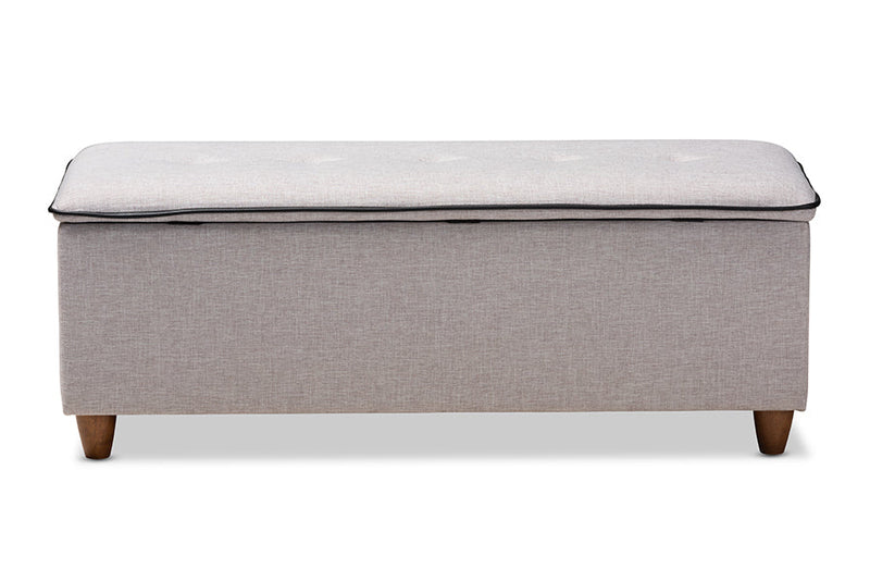 Lisbon Walnut Finished Wood/Greyish Beige Fabric Button Tufted Storage Ottoman Baxton