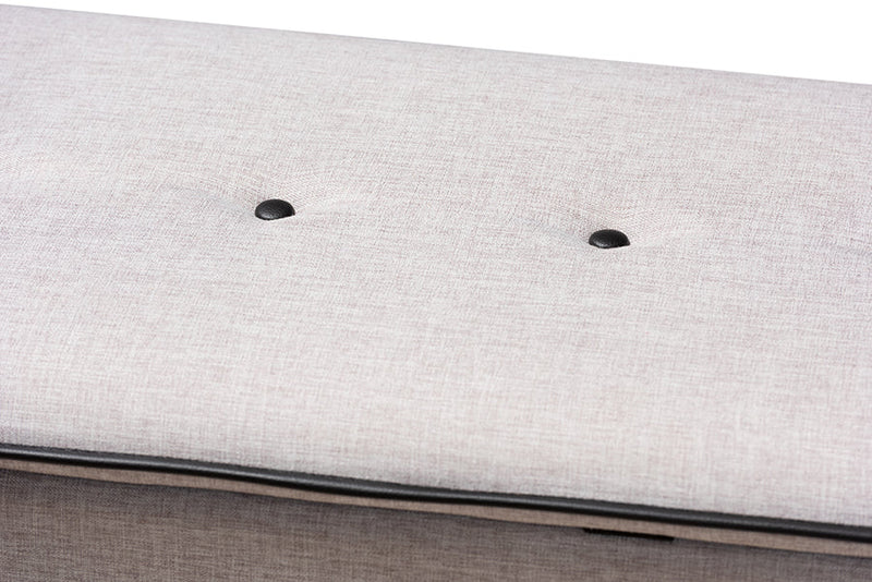 Lisbon Walnut Finished Wood/Greyish Beige Fabric Button Tufted Storage Ottoman Baxton