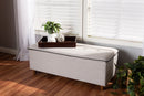 Lisbon Walnut Finished Wood/Greyish Beige Fabric Button Tufted Storage Ottoman Baxton