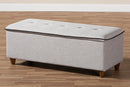Lisbon Walnut Finished Wood/Greyish Beige Fabric Button Tufted Storage Ottoman Baxton