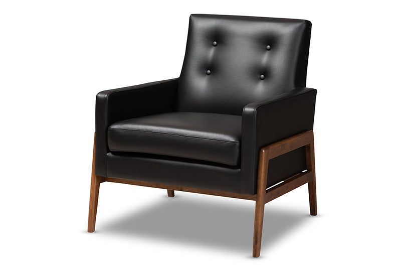 Maddock Mid-Century Modern Black Faux Leather Upholstered Walnut Wood Lounge Chair