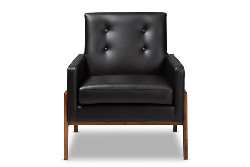 Maddock Mid-Century Modern Black Faux Leather Upholstered Walnut Wood Lounge Chair