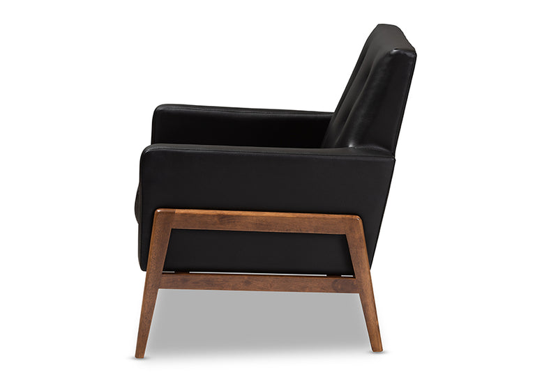 Maddock Mid-Century Modern Black Faux Leather Upholstered Walnut Wood Lounge Chair