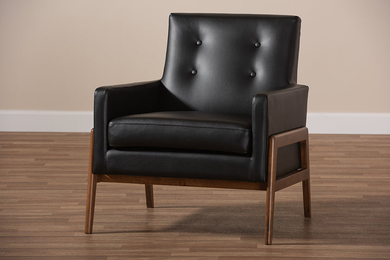 Maddock Mid-Century Modern Black Faux Leather Upholstered Walnut Wood Lounge Chair