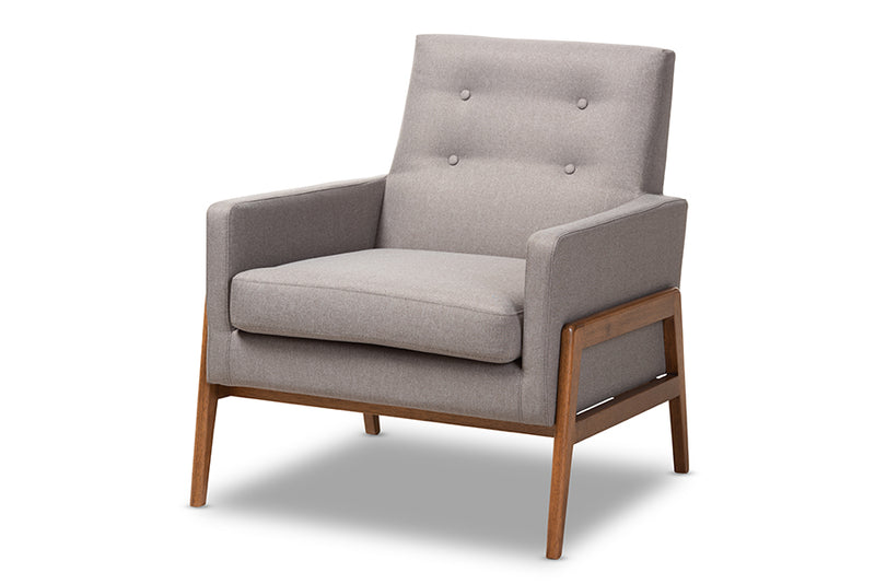 Maddock Mid-Century Modern Gray Fabric Upholstered Walnut Wood Lounge Chair