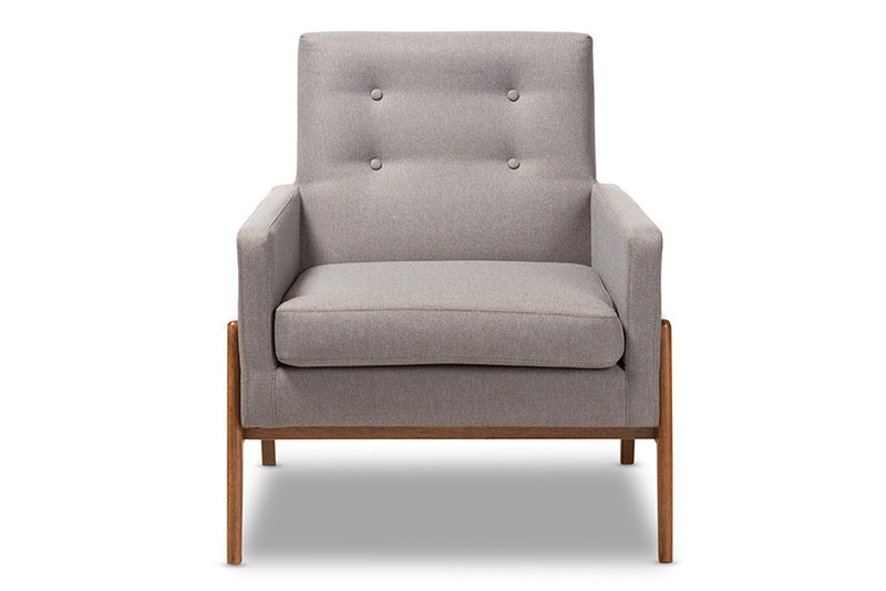 Maddock Gray Fabric Upholstered Walnut Wood Lounge Chair Baxton