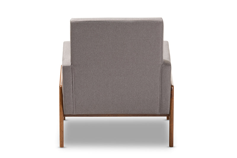 Maddock Mid-Century Modern Gray Fabric Upholstered Walnut Wood Lounge Chair