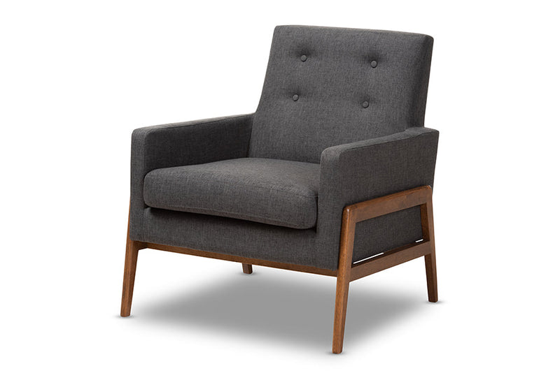 Maddock Dark Gray Fabric Upholstered Walnut Wood Lounge Chair Baxton