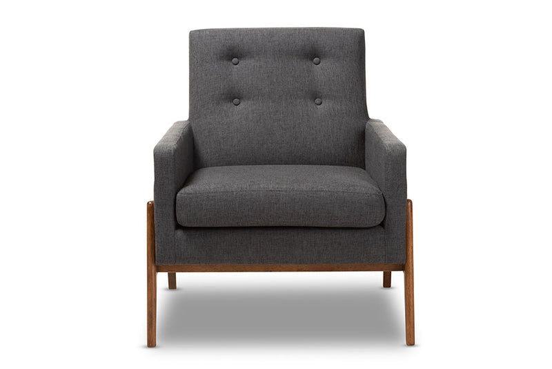 Maddock Dark Gray Fabric Upholstered Walnut Wood Lounge Chair Baxton