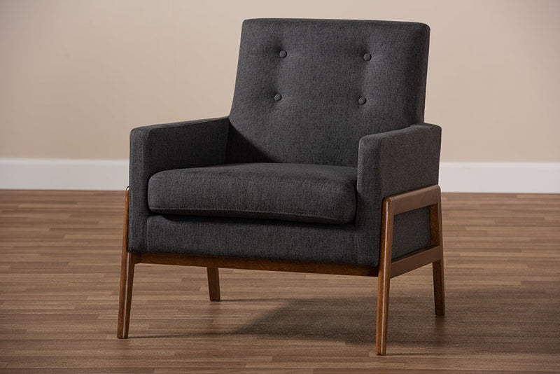 Maddock Dark Gray Fabric Upholstered Walnut Wood Lounge Chair Baxton