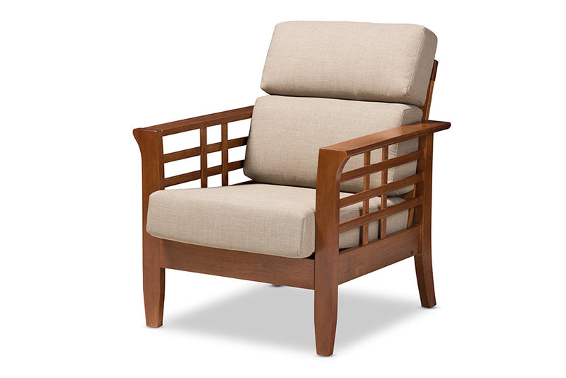 Risha Cherry Finished and Dark Beige Fabric High Back Lounge Chair Baxton