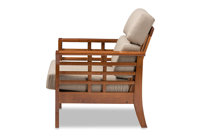 Risha Cherry Finished and Dark Beige Fabric High Back Lounge Chair Baxton