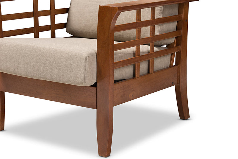 Risha Cherry Finished and Dark Beige Fabric High Back Lounge Chair Baxton