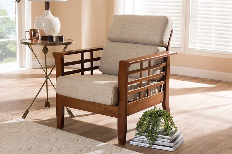 Risha Cherry Finished and Dark Beige Fabric High Back Lounge Chair Baxton