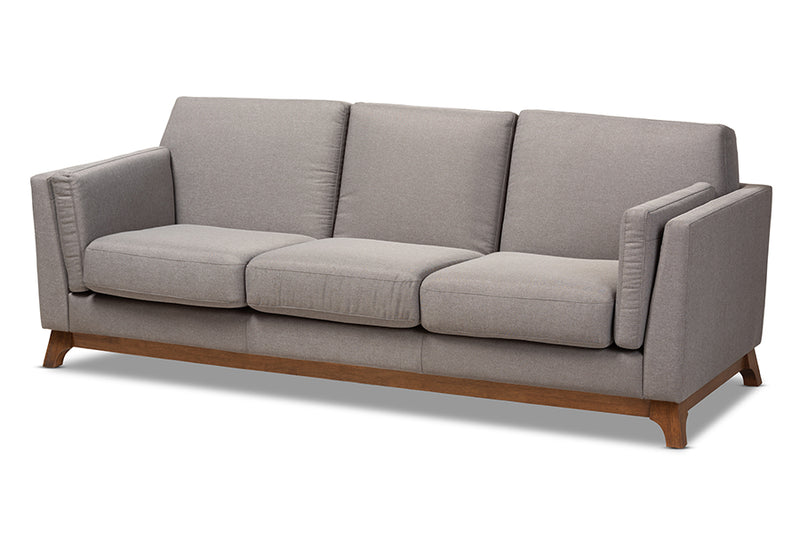 Liberte Mid-Century Modern Gray Fabric Upholstered Walnut Wood 3-Seater Sofa