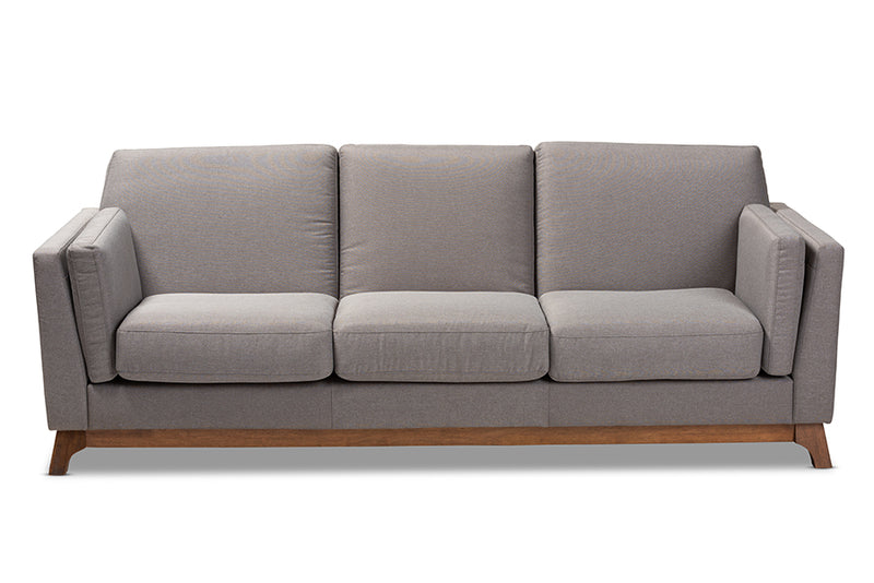 Liberte Mid-Century Modern Gray Fabric Upholstered Walnut Wood 3-Seater Sofa