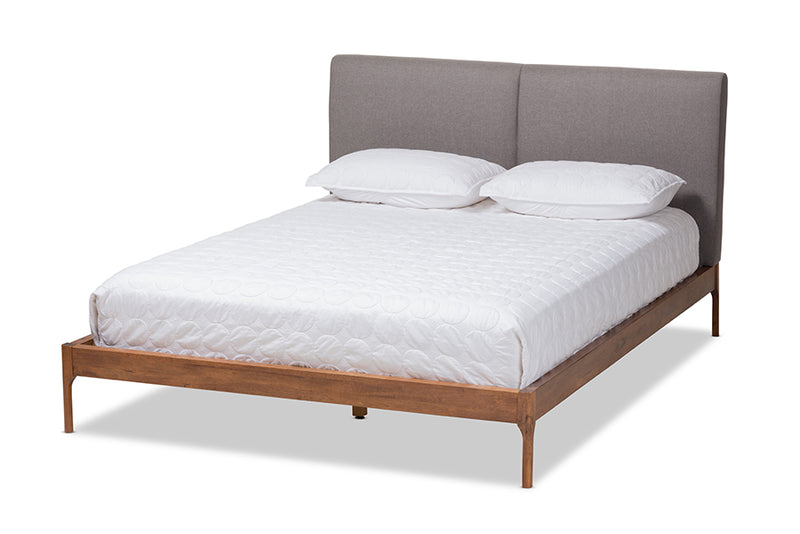 Eliya Mid-Century Modern Gray Fabric Upholstered Walnut Finished Full Size Platform Bed