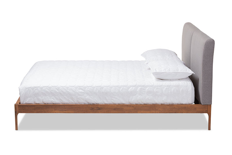 Eliya Gray Fabric Upholstered Walnut Finished King Size Platform Bed Baxton