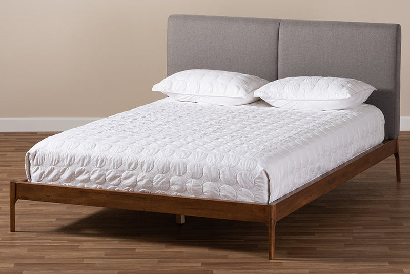Eliya Gray Fabric Upholstered Walnut Finished King Size Platform Bed Baxton