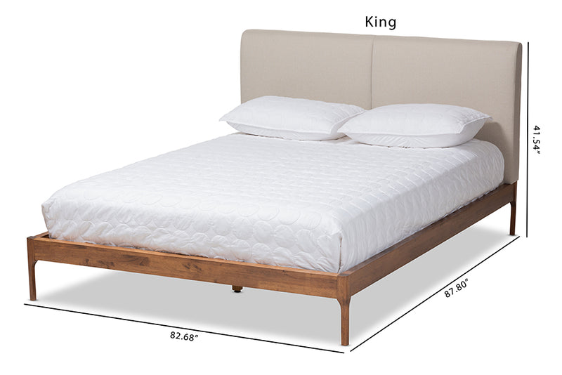 Eliya Mid-Century Modern Beige Fabric Upholstered Walnut Finished King Size Platform Bed