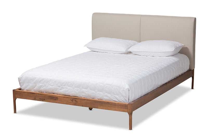 Eliya Beige Fabric Upholstered Walnut Finished King Size Platform Bed Baxton