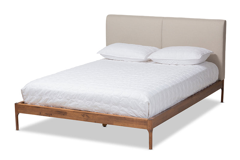 Eliya Mid-Century Modern Beige Fabric Upholstered Walnut Finished Full Size Platform Bed