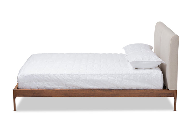 Eliya Beige Fabric Upholstered Walnut Finished King Size Platform Bed Baxton