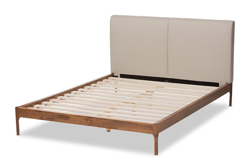 Eliya Beige Fabric Upholstered Walnut Finished King Size Platform Bed Baxton