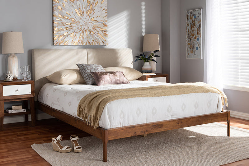 Eliya Beige Fabric Upholstered Walnut Finished King Size Platform Bed Baxton