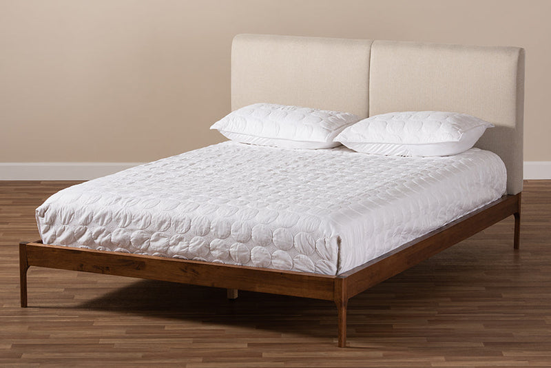 Eliya Beige Fabric Upholstered Walnut Finished King Size Platform Bed Baxton