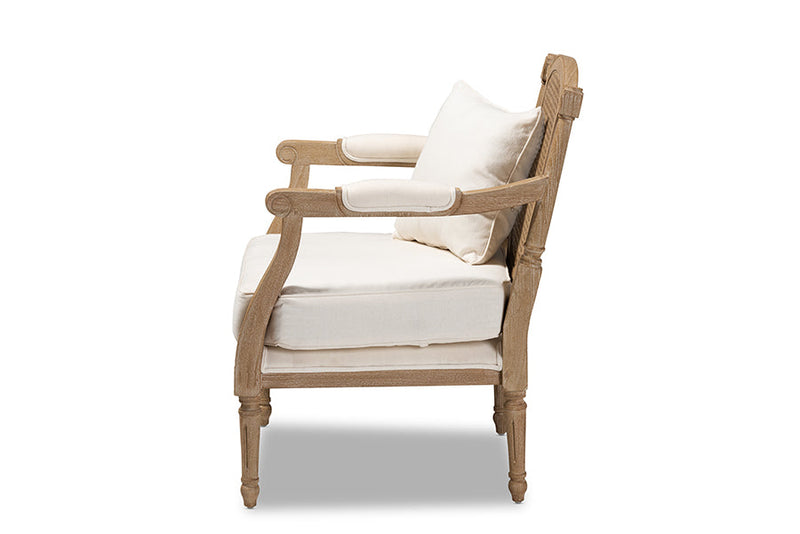 Caleb Ivory Fabric Upholstered Whitewashed Wood Armchair Baxton